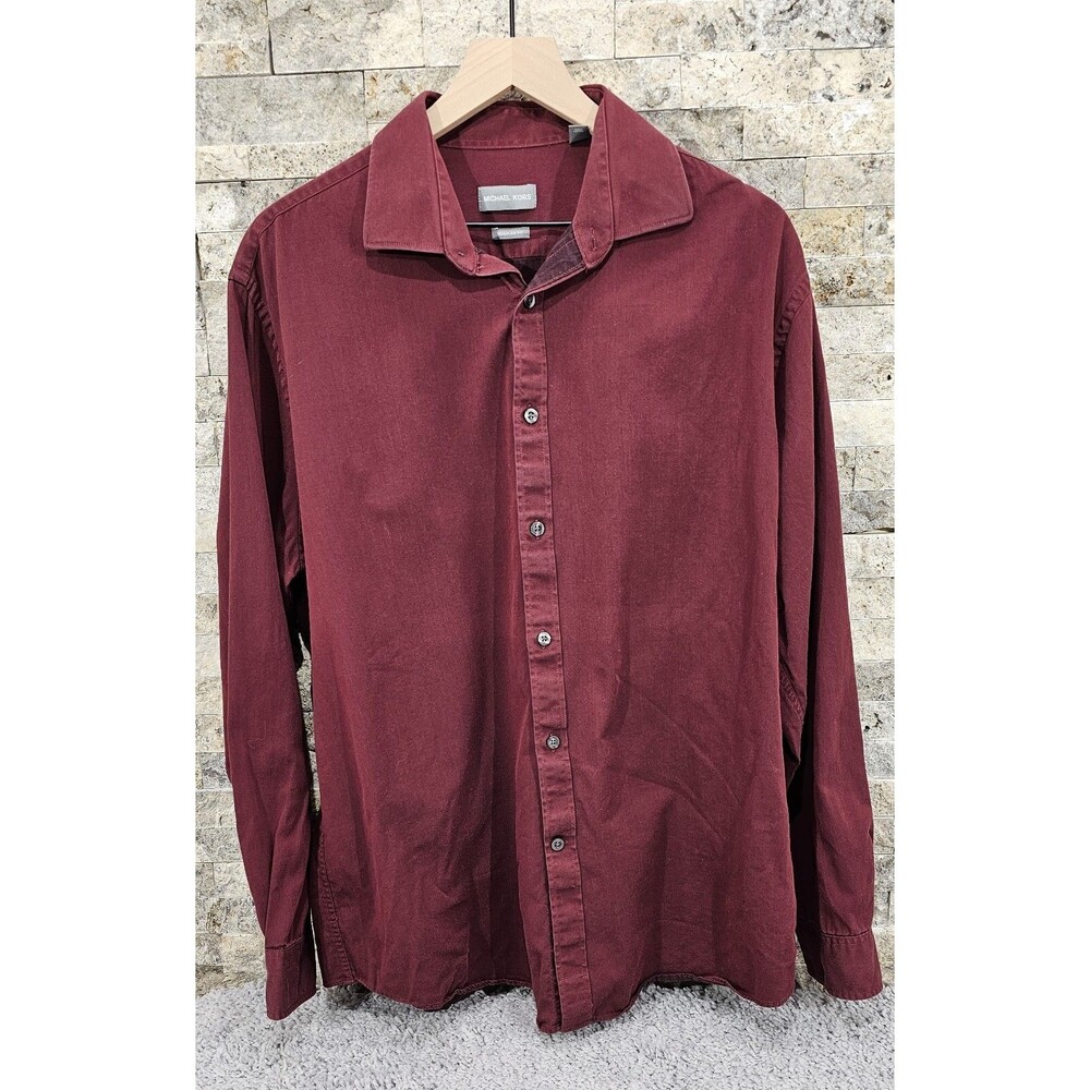 Michael Kors Mens XL Burgundy Twill Shirt Long Sleeve Button Up Business Casual